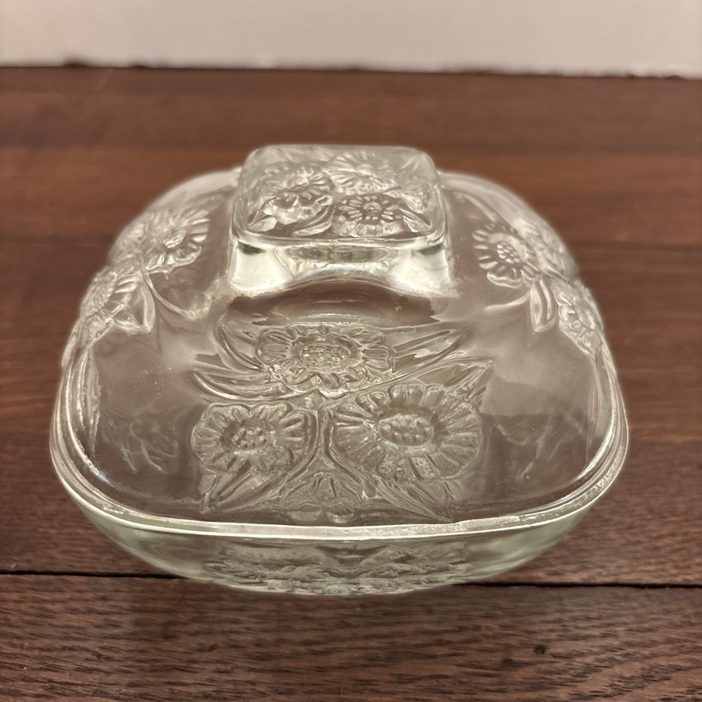 KIG Indonesia Clear Glass Floral‎ Trinket Box Square Lidded Candy Dish Embossed